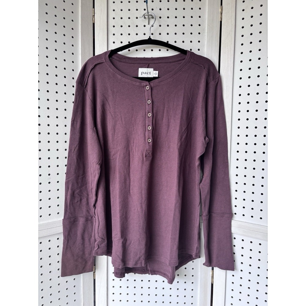 PACT Women's Lg Burgundy Long SLV Button Henley Tee Shirt Org Cotton Linen Blend